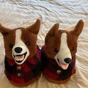 Cozy Corgi Plush Slippers - Brown and Red